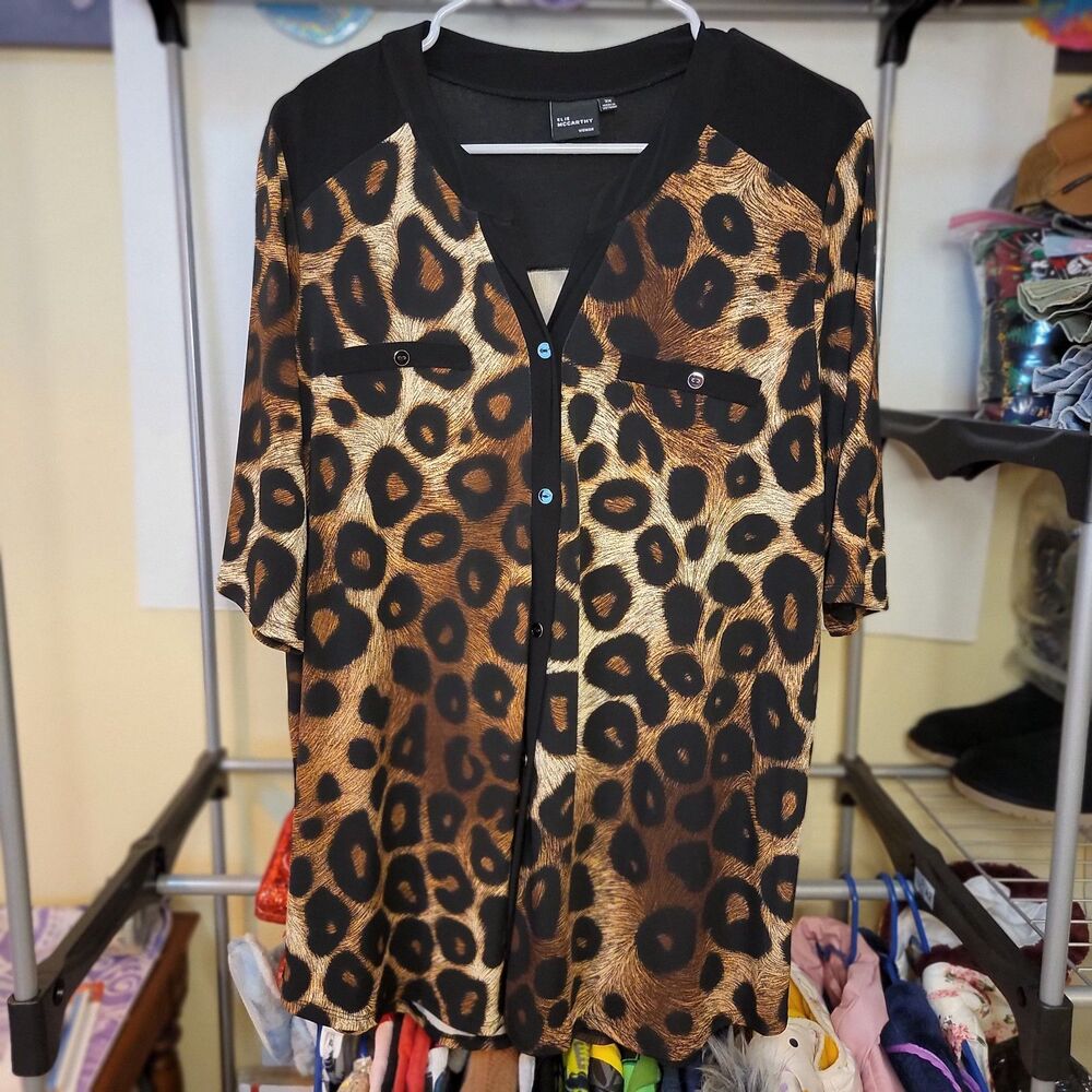Elie McCarthy SS Blouse Full Button Leopard Print - Size 2XL